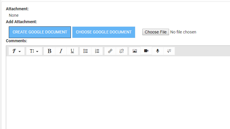 Multiple types of electronic files can be submitted, including cloud-based documents such as Google docs, video and audio responses.