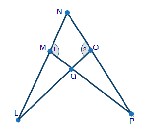 Overlapping triangles LNO and PNM. The triangles intersect at point Q on segment LO of triangle LNO and segment MP of triangle 