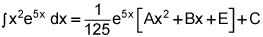 the integral of the product of x squared and e raised to the 5 times x power, dx equals the product of 125 times e raised to the 5 times x power and the quantity A times x squared plus B times x plus E, plus C