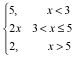 5 for x less than 3, equals 2x for x between 3 and 5 including 5, and equals 2 for x greater than 5