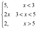 5 for x less than 3, equals 2x for x between 3 and 5, and equals 2 for x greater than 5