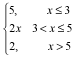 5 for x less than or equal to 3, equals 2x for x between 3 and 5 including 5, and equals 2 for x greater than 5