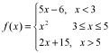 f of x equals 5 times x minus 6 for x less than 3, equals x squared for x between 3 and 5 inclusive, and equals 2 times x plus 15 for x greater than 5