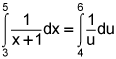 the integral from 3 to 5 of 1 divided by the quantity x plus 1, dx is equal to the integral from 4 to 6 of 1 divided by u, du
