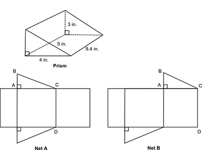 Image of a right triangular prism and 2 nets. The triangle bases have base 4, height 3, and diagonal side 5. The length of the prism from the bases is 9.4. Net A has 3 rectangles in a row. The middle one has sides AC and CD. This middle one has triangle ABC on top and identical triangle below. Net B is the same except that the triangle base ABC is on top of the last rectangle which has sides AC and CD. Units are in inches.