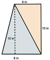 Two triangles share the same height of 8 inches. One triangle has a base of 6 inches and the other is 10 inches.
