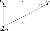 A right angle triangle is shown with the Earth at the right angle. The acute angle between the line joining the Earth and the S