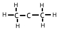 This hydrocarbon consists of a chain of three carbon atoms. The two end carbons are bonded to three hydrogen atoms.