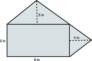 Pentagon with square measuring 6 inches by 3 inches and two triangles with heights of 5 inches and 4 inches.