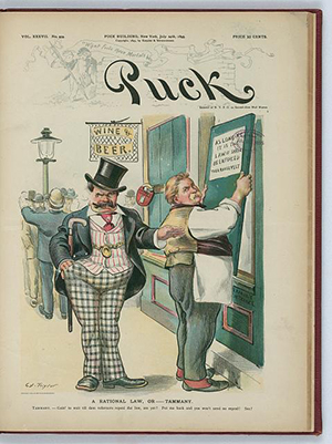 Drawing shows an owner of wine and beer store putting up sign that states, As long as it is the law it shall be enforced, Theo. Roosevelt, and a man representing Tammany Hall. The caption reads, A rational law or Tammany. Tammany. Goin to wait till dem reformers repeal dat law, are yer? Put me back and you wont need to repeal. See?