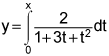 y equals the integral from 0 to x of 2 divided by the quantity 1 plus 3 times t plus t squared, dt
