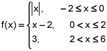 f of x equals the absolute value of x for x between negative 2 and 0 inclusive, equals x minus 2 for x greater than 0 and less than or equal to 2, and equals 3 for x greater than 2 and less than or equal to 6