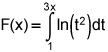 F of x equals the integral from 1 to 3 times x of the natural logarithm of t squared