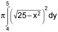 pi times the integral from 4 to 5 of the square of the square root of the quantity 25 minus x squared, dx