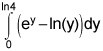 the the integral from 0 to the natural log of 4 of the difference between e to the y power and the natural log of y, dy