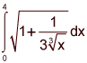 the integral from 0 to 4 of the square root of the quantity 1 plus 1 over 3 times the cube root of x, dx