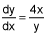 dy dx equals the quotient of 4 times x and y