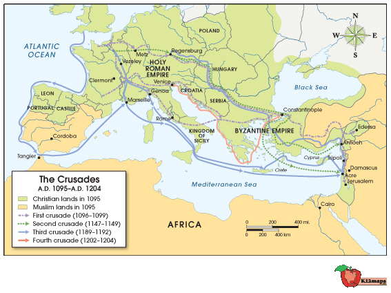 Map showing the routes taken by crusaders from 1095 through 1204. The map shows that crusaders traveled by land through the Holy Roman and Byzantine Empires, and areas of France and Italy. They traveled by sea around Spain to reach the Mediterranean Sea.