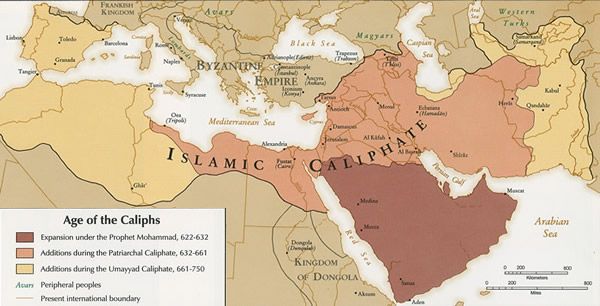 Map image of the Age of the Caliphs is shown. The map image shows that expansion under the Prophet Mohammad 622 to 632 included the southern portion of the Arabian Peninsula, including Medina and Mecca. The addition during the Patriarchal Caliphate, 632 to 661, is also shown. This addition includes all of the Arabian Peninsula, including Jerusalem, and northern Africa. The addition during the Umayyad Caliphate, 661 to 750, includes all of northern Africa, some of Europe, and parts of western Asia.