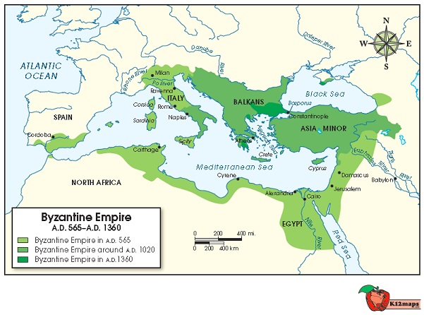 Map of the Byzantine Empire showing the empire's extent in 565 CE, 1020 CE, and 1360 CE. By 565 CE, the empire included most of the North African coastline, parts of southern Spain, all of Italy, southeast Europe, Asia Minor, and the western Middle East. By 1020 CE, the size of the empire was limited to only southeast Europe, southern Italy, and Asia Minor. By 1360 CE, the size of the empire was reduced to only parts of southeast Europe, primarily to the west of Constantinople.