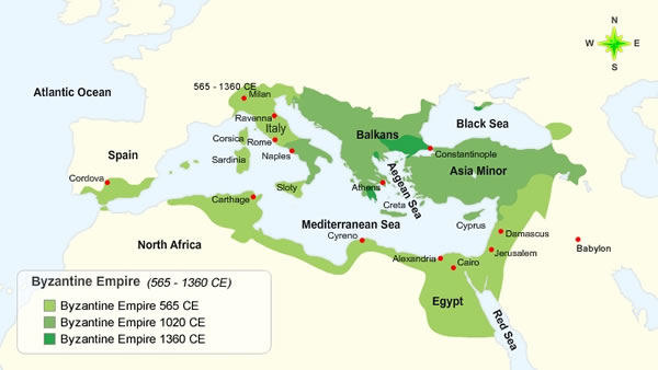 Map of the Byzantine Empire showing the empire's extent in 565 CE, 1020 CE, and 1360 CE. By 565 CE, the empire included most of the North African coastline, parts of southern Spain, all of Italy, southeast Europe, Asia Minor, and the western Middle East. By 1020 CE, the size of the empire was limited to only southeast Europe, southern Italy, and Asia Minor. By 1360 CE, the size of the empire was reduced to only parts of southeast Europe, primarily to the west of Constantinople.